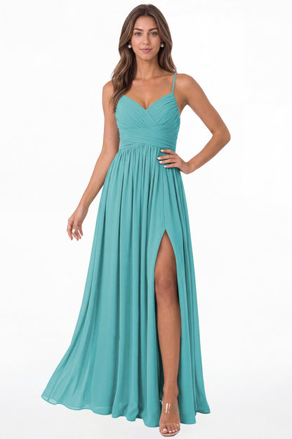 Aqua Blue Spaghetti Strap Chiffon Slit Maxi Bridesmaid Dress - Front View