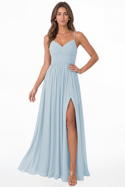 Baby Blue Spaghetti Strap Chiffon Slit Maxi Bridesmaid Dress - Front View