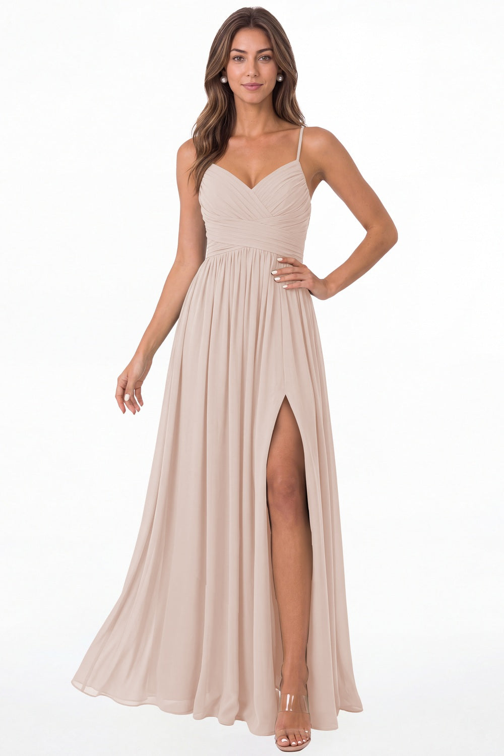 Blush Pink Spaghetti Strap Chiffon Slit Maxi Bridesmaid Dress - Front View