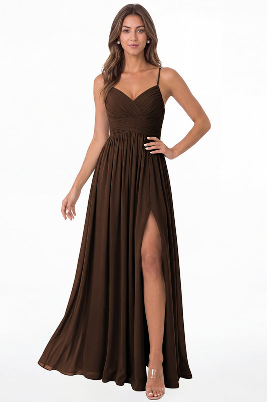 Brown Spaghetti Strap Chiffon Slit Maxi Bridesmaid Dress - Front View