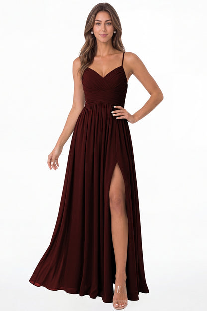 Burgundy Spaghetti Strap Chiffon Slit Maxi Bridesmaid Dress - Front View