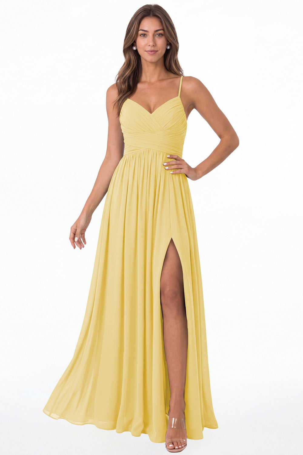 Butter Yellow Spaghetti Strap Chiffon Slit Maxi Bridesmaid Dress - Front View