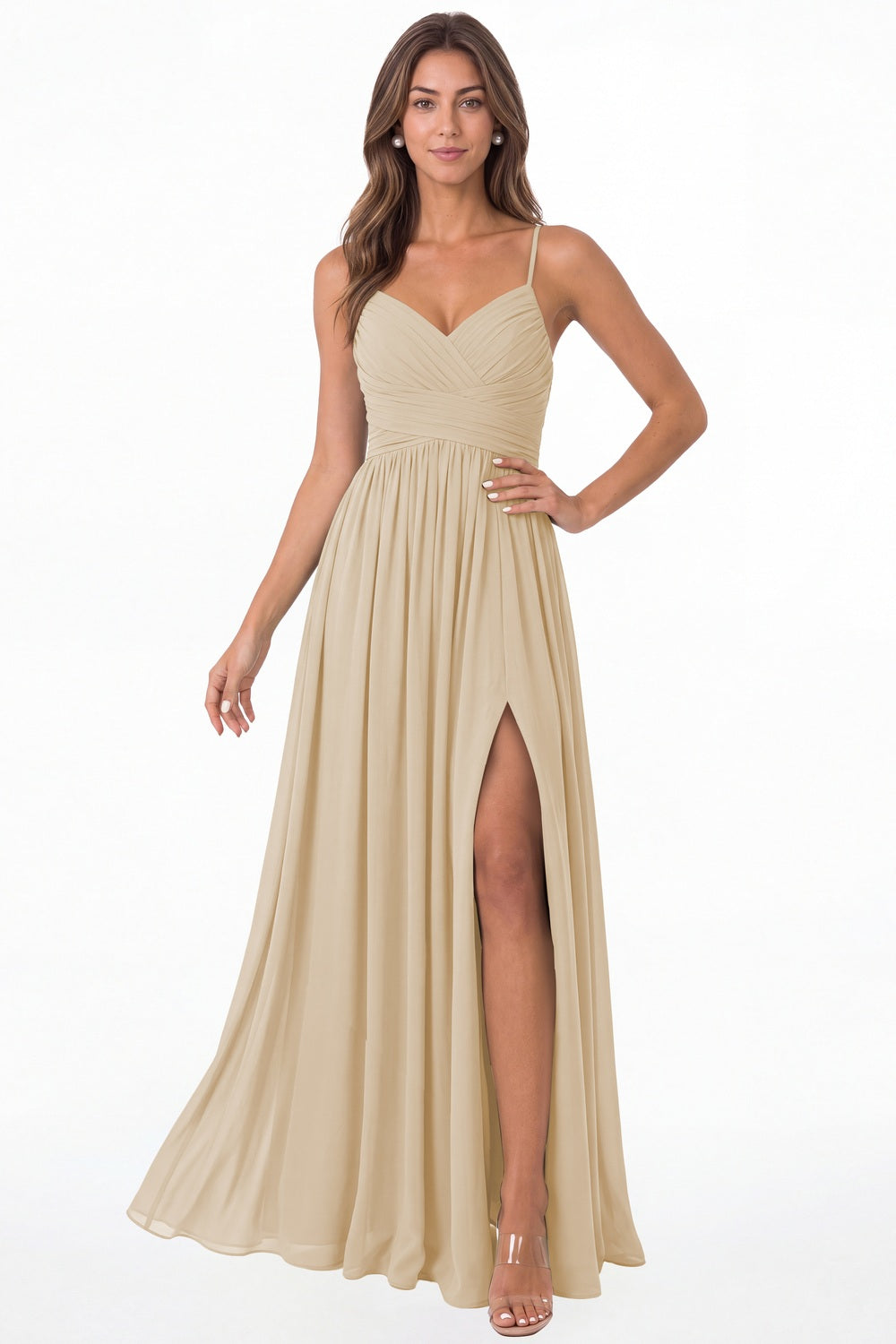 Champagne Spaghetti Strap Chiffon Slit Maxi Bridesmaid Dress - Front View