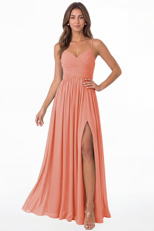 Coral Spaghetti Strap Chiffon Slit Maxi Bridesmaid Dress - Front View
