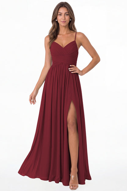 Desert Rose Spaghetti Strap Chiffon Slit Maxi Bridesmaid Dress - Front View