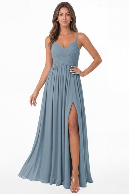 Dusty Blue Spaghetti Strap Chiffon Slit Maxi Bridesmaid Dress - Front View