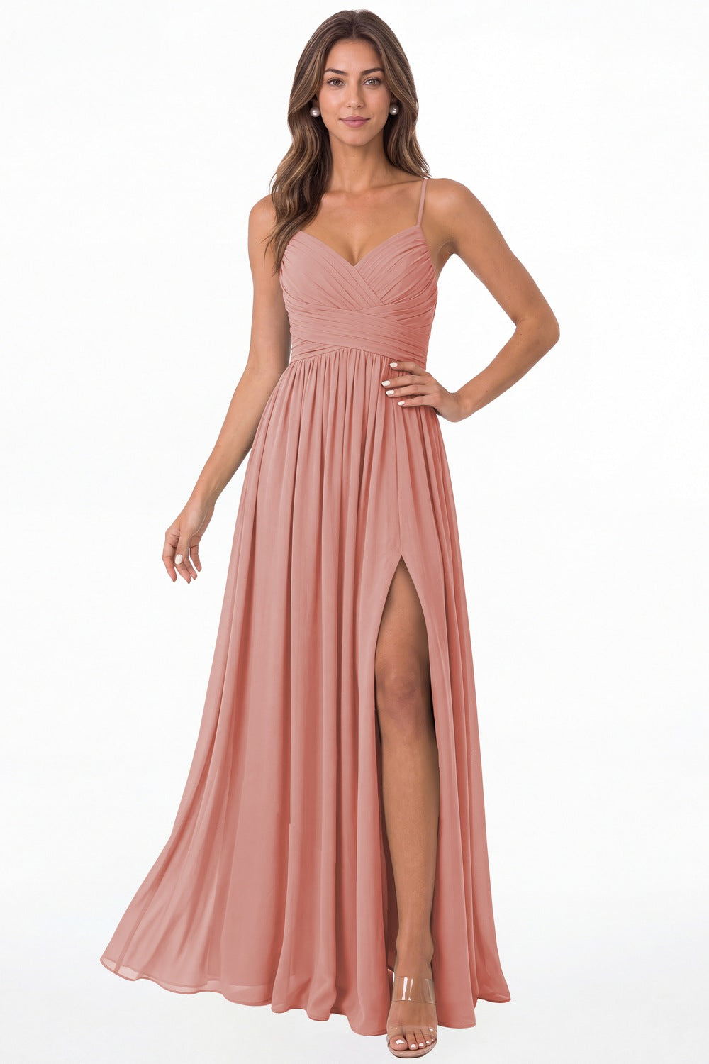 Dusty Rose Spaghetti Strap Chiffon Slit Maxi Bridesmaid Dress - Front View