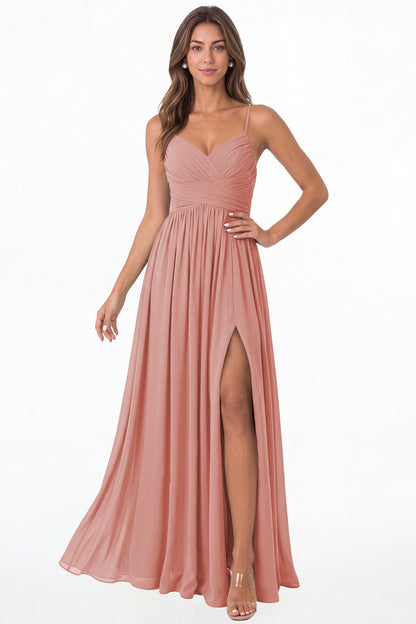 Dusty Rose Spaghetti Strap Chiffon Slit Maxi Bridesmaid Dress - Front View