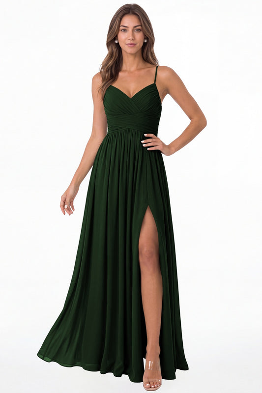Emerald Green Spaghetti Strap Chiffon Slit Maxi Bridesmaid Dress - Front View