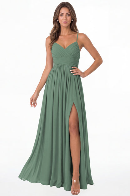 Eucalyptus Spaghetti Strap Chiffon Slit Maxi Bridesmaid Dress - Front View