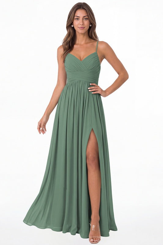Eucalyptus Spaghetti Strap Chiffon Slit Maxi Bridesmaid Dress - Front View