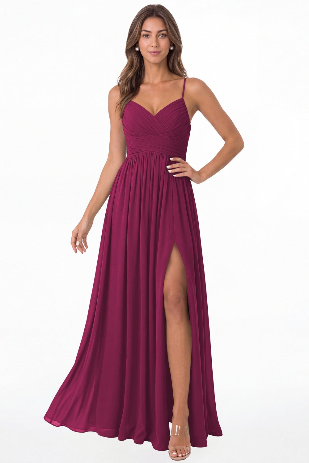 Fuchsia Spaghetti Strap Chiffon Slit Maxi Bridesmaid Dress - Front View