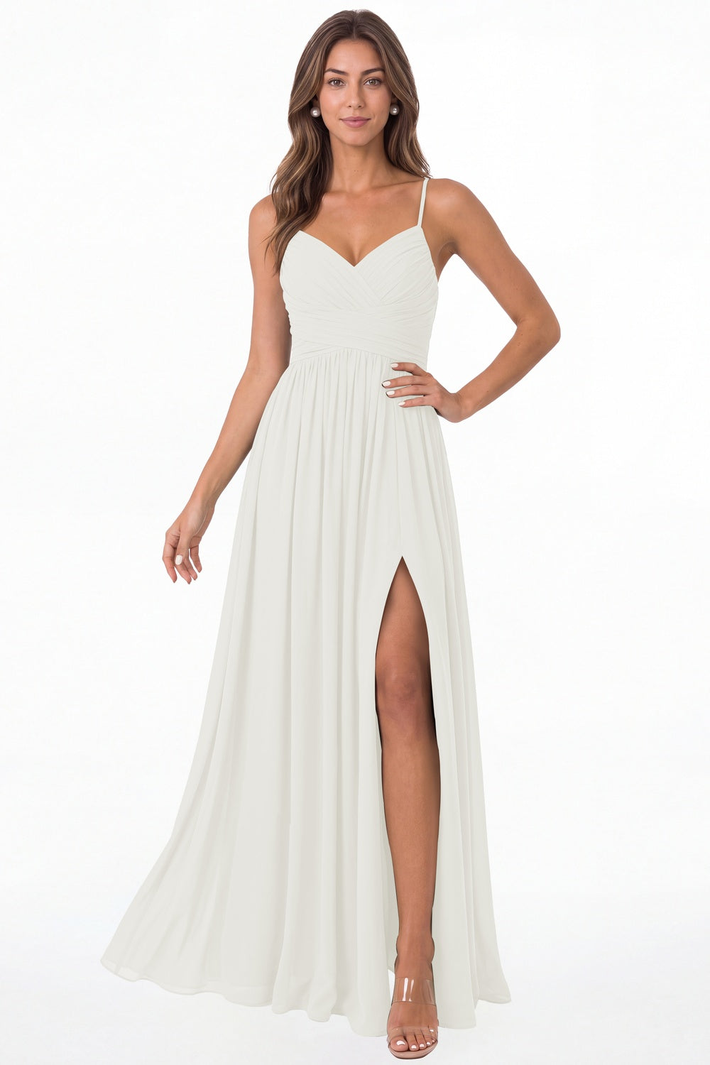Ivory Spaghetti Strap Chiffon Slit Maxi Bridesmaid Dress - Front View
