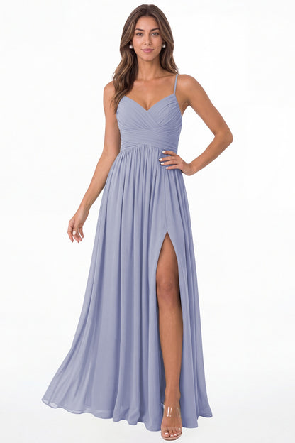 Lavender Spaghetti Strap Chiffon Slit Maxi Bridesmaid Dress - Front View