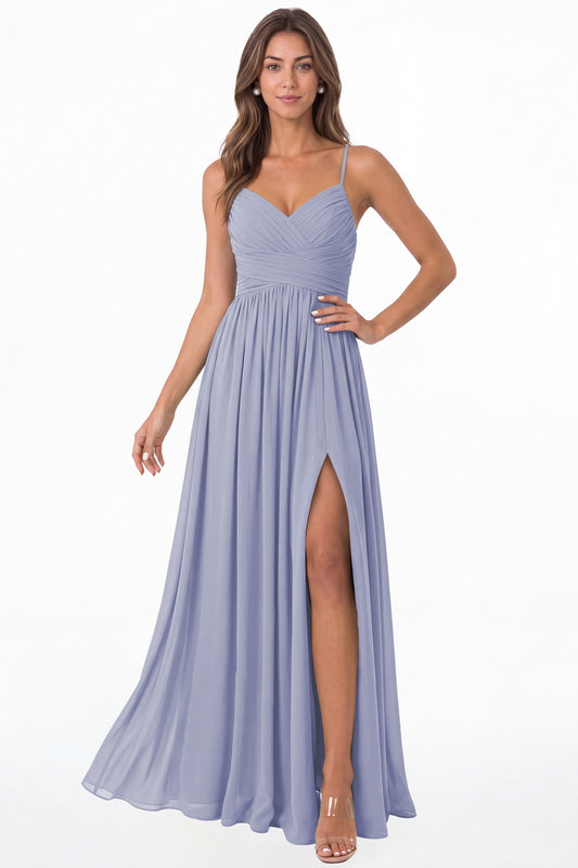 Lavender Spaghetti Strap Chiffon Slit Maxi Bridesmaid Dress - Front View