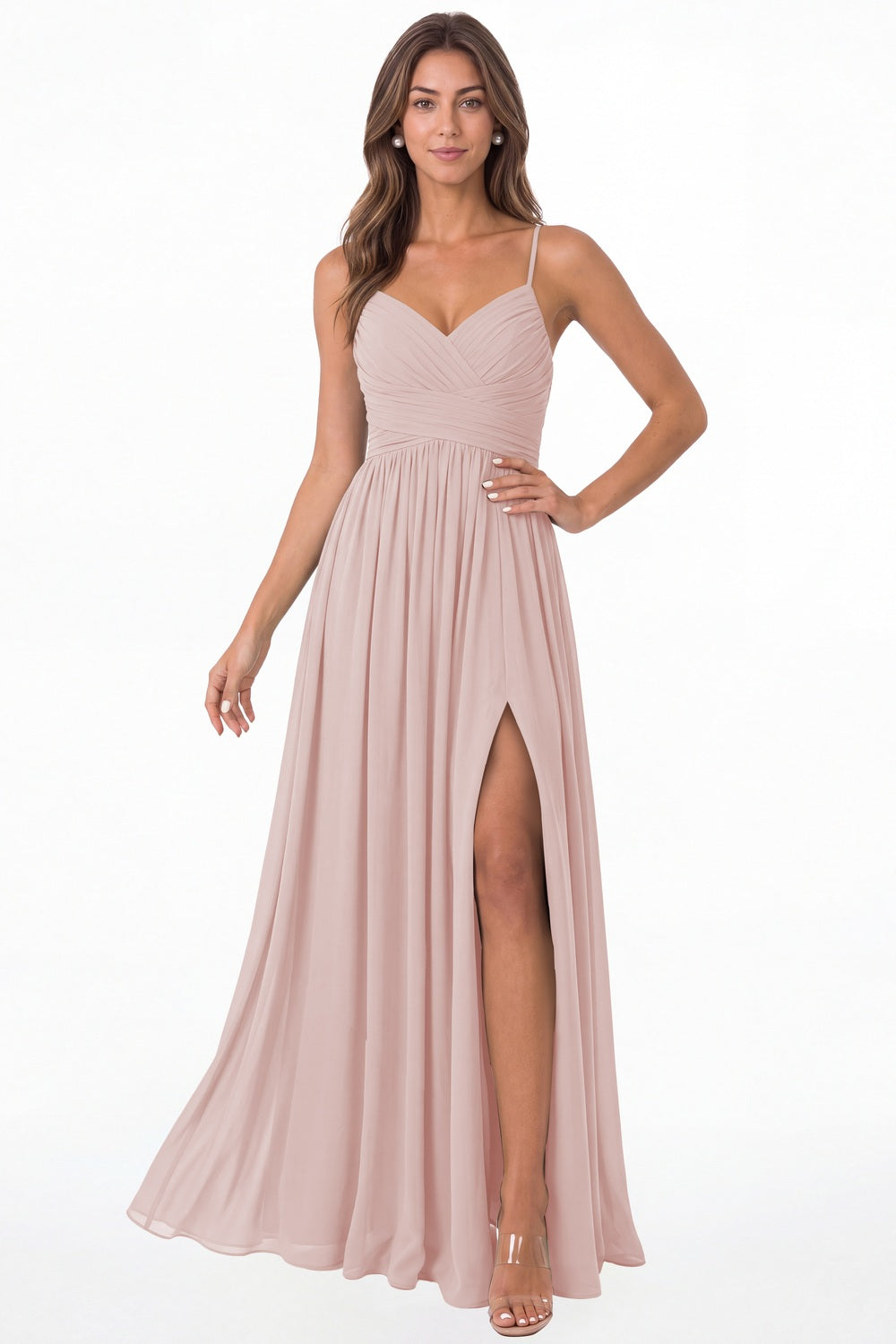 Light Pink Spaghetti Strap Chiffon Slit Maxi Bridesmaid Dress - Front View