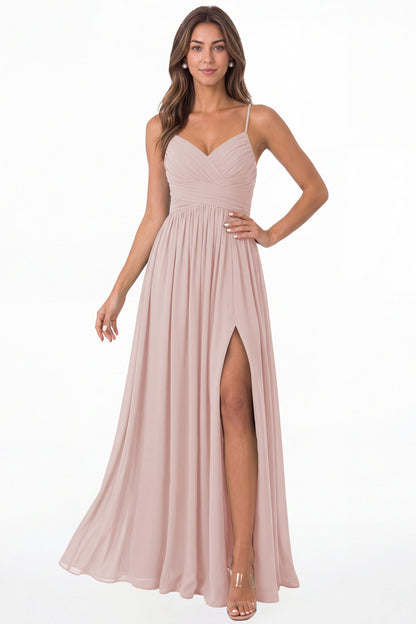 Light Pink Spaghetti Strap Chiffon Slit Maxi Bridesmaid Dress - Front View