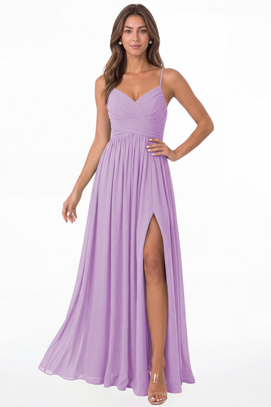 Lilac Spaghetti Strap Chiffon Slit Maxi Bridesmaid Dress - Front View