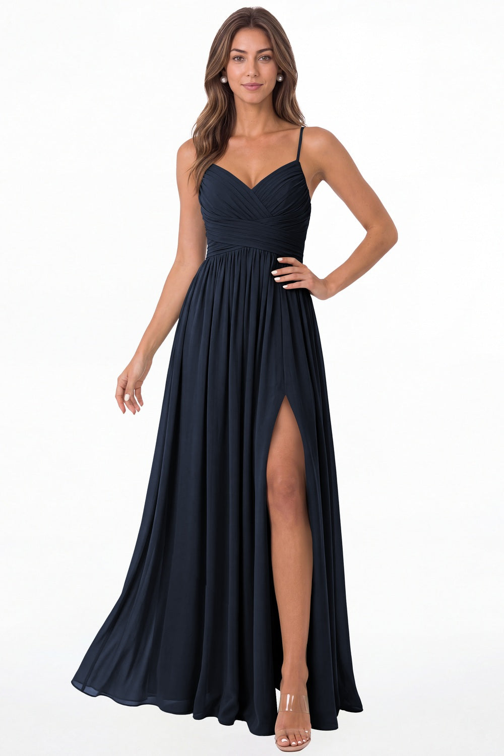 Navy Blue Spaghetti Strap Chiffon Slit Maxi Bridesmaid Dress - Front View