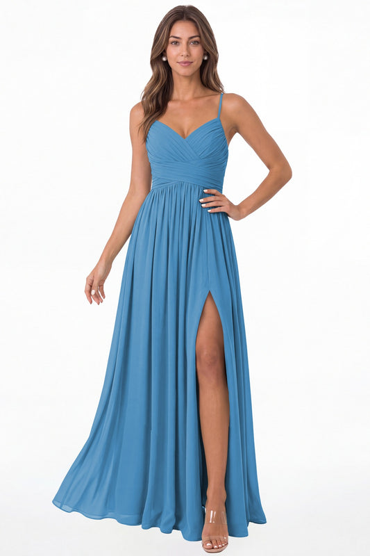 Ocean Blue Spaghetti Strap Chiffon Slit Maxi Bridesmaid Dress - Front View