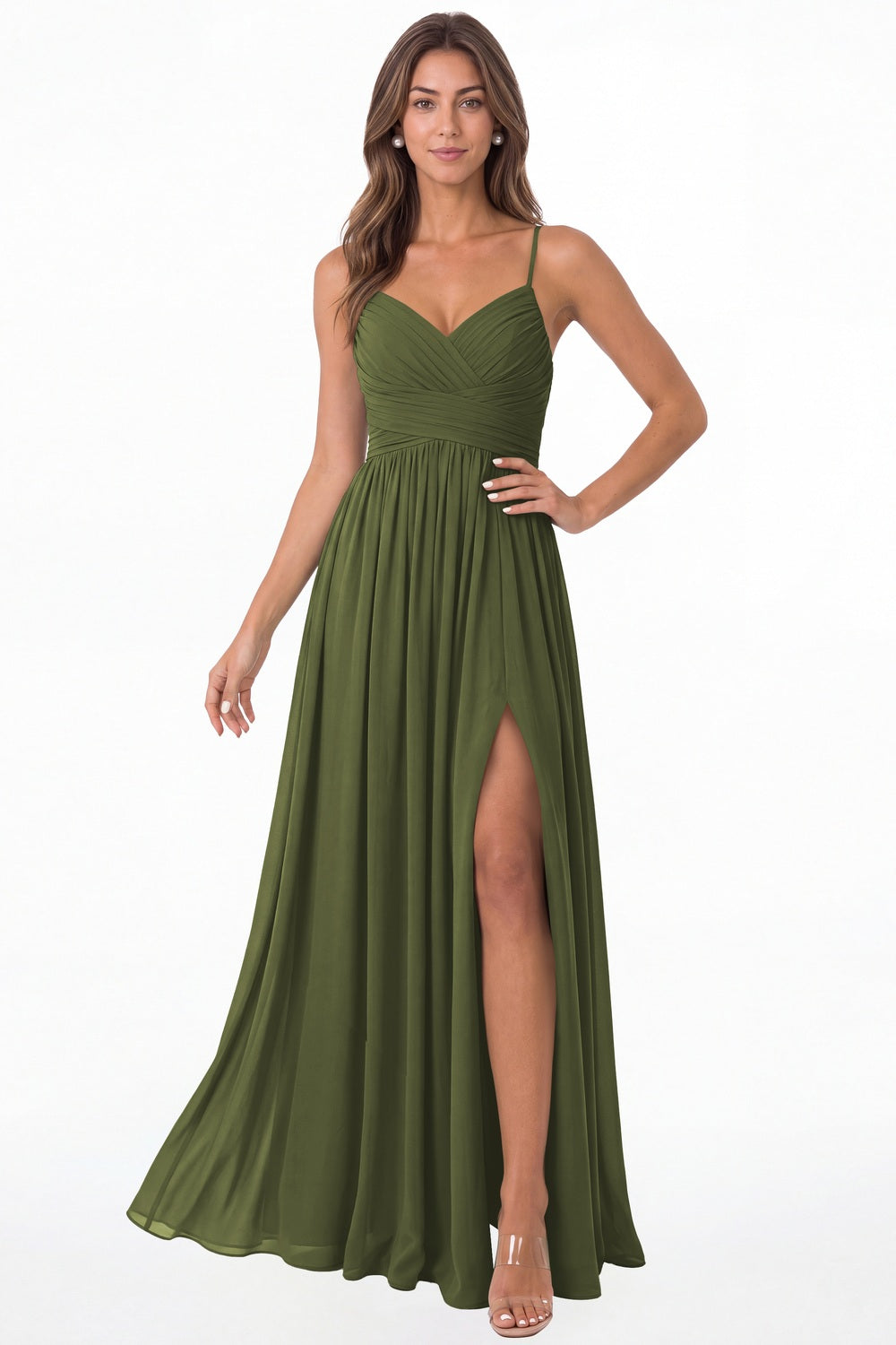 Olive Green Spaghetti Strap Chiffon Slit Maxi Bridesmaid Dress - Front View