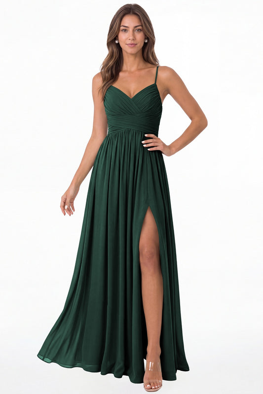 Peacock Spaghetti Strap Chiffon Slit Maxi Bridesmaid Dress - Front View