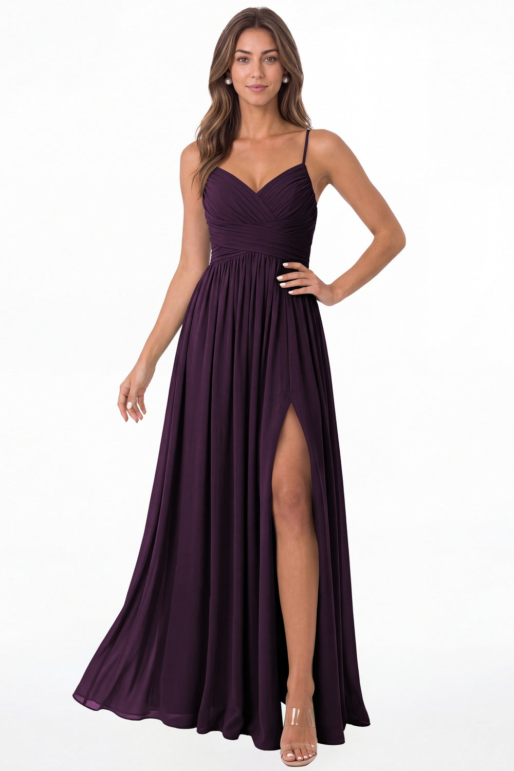 Plum Spaghetti Strap Chiffon Slit Maxi Bridesmaid Dress - Front View