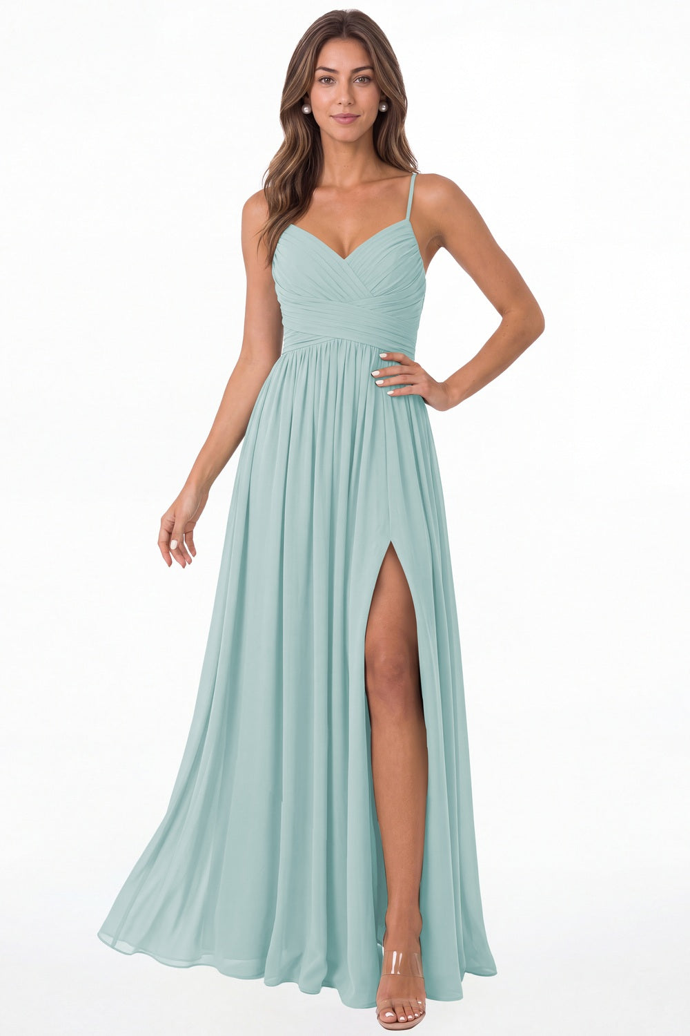 Powder Blue Spaghetti Strap Chiffon Slit Maxi Bridesmaid Dress - Front View
