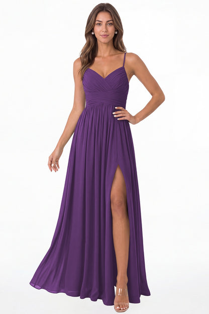Purple Spaghetti Strap Chiffon Slit Maxi Bridesmaid Dress - Front View