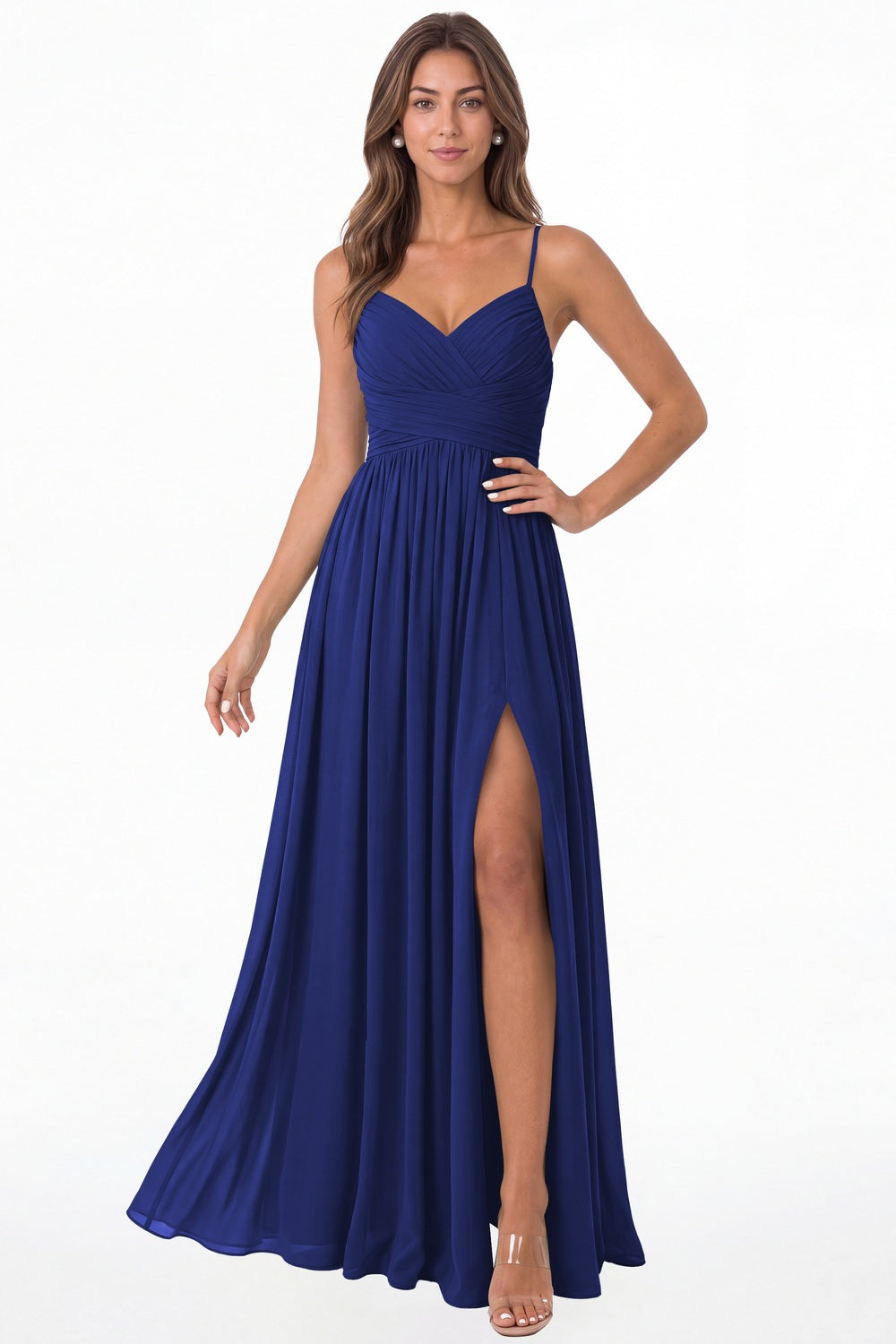 Royal Blue Spaghetti Strap Chiffon Slit Maxi Bridesmaid Dress - Front View