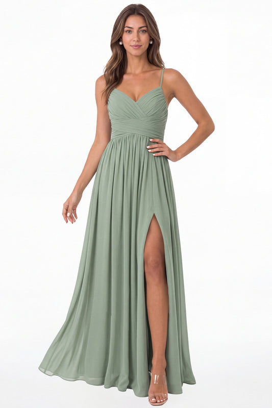 Sage Green Spaghetti Strap Chiffon Slit Maxi Bridesmaid Dress - Front View
