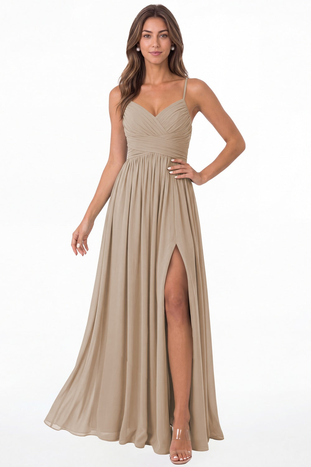 Taupe Spaghetti Strap Chiffon Slit Maxi Bridesmaid Dress - Front View