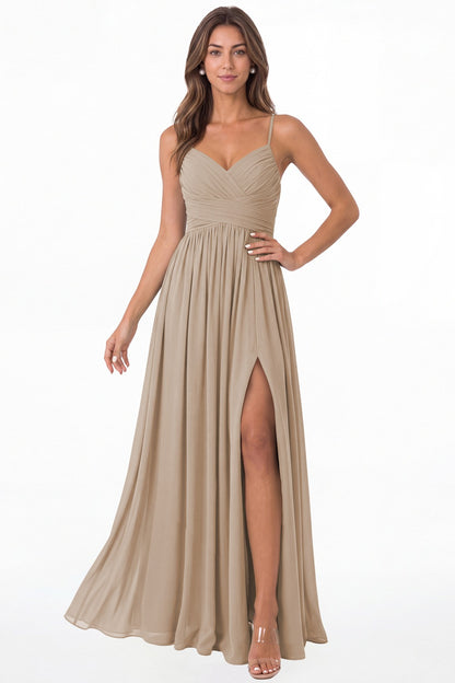 Taupe Spaghetti Strap Chiffon Slit Maxi Bridesmaid Dress - Front View