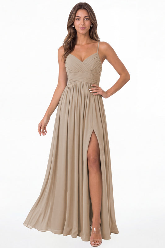 Taupe Spaghetti Strap Chiffon Slit Maxi Bridesmaid Dress - Front View