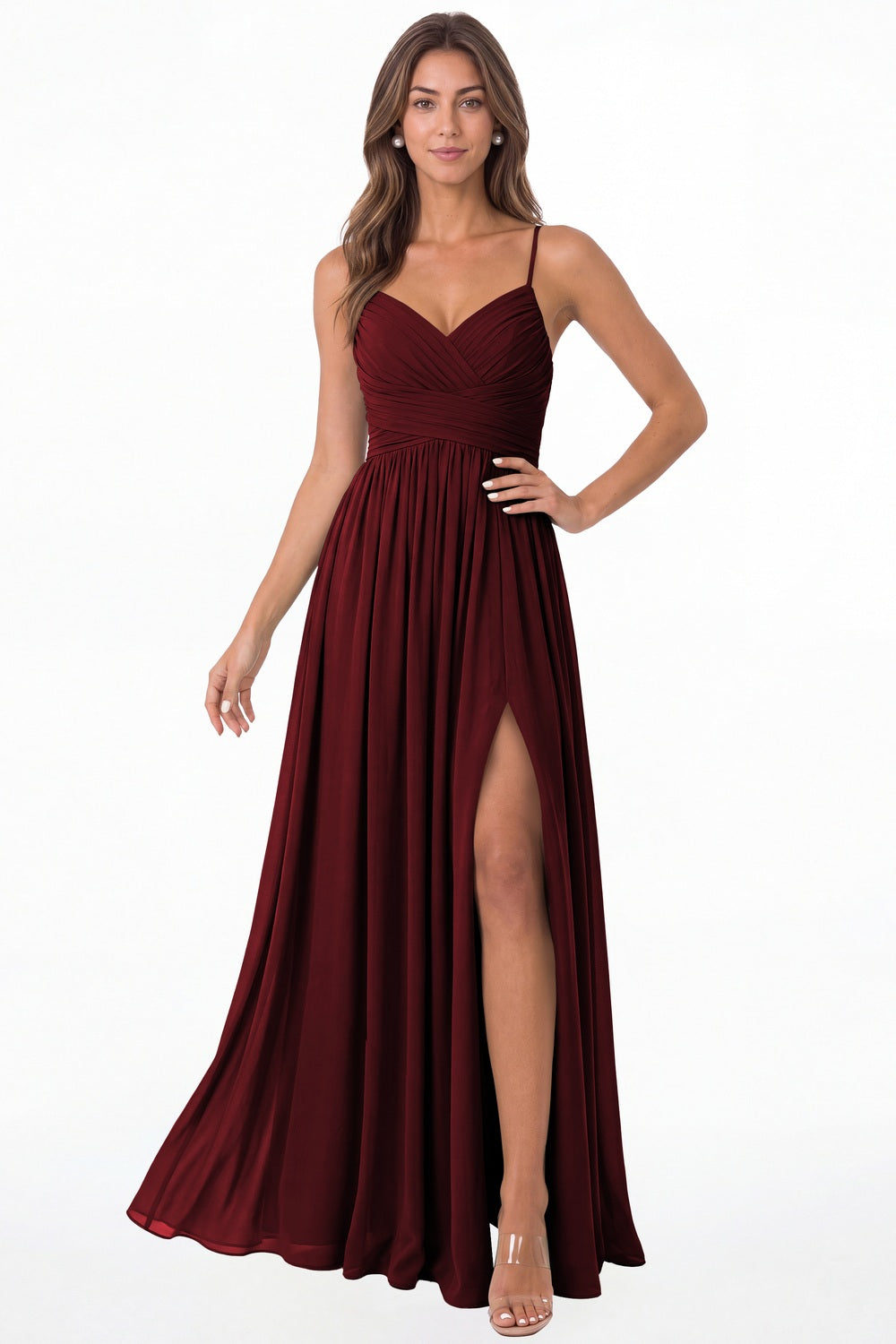 Wine Red Spaghetti Strap Chiffon Slit Maxi Bridesmaid Dress - Front View