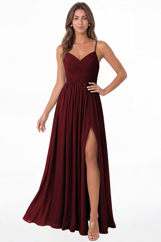 Wine Red Spaghetti Strap Chiffon Slit Maxi Bridesmaid Dress - Front View
