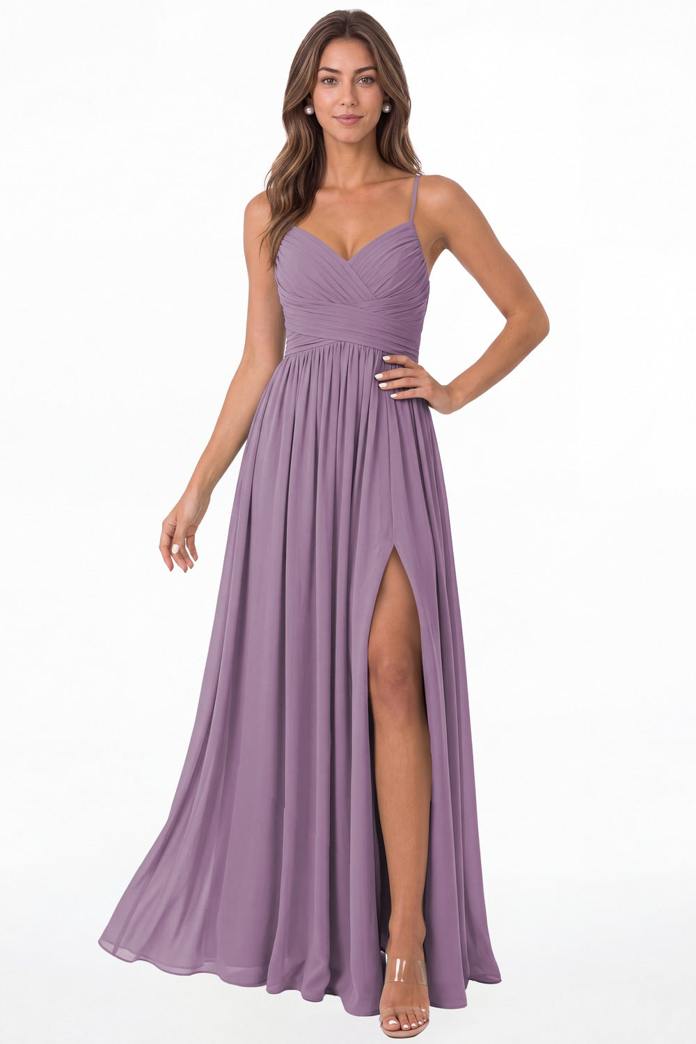 Wisteria Spaghetti Strap Chiffon Slit Maxi Bridesmaid Dress - Front View
