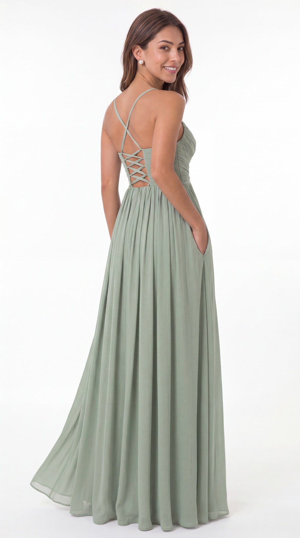 Aqua Blue Spaghetti Strap Chiffon Slit Maxi Bridesmaid Dress - Front View
