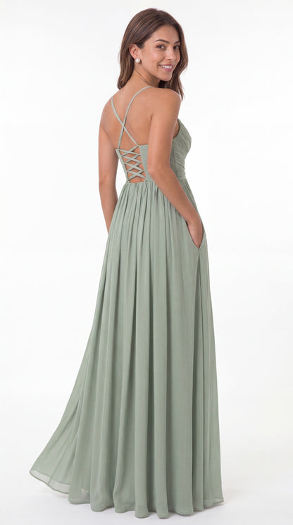 Aqua Blue Spaghetti Strap Chiffon Slit Maxi Bridesmaid Dress - Front View