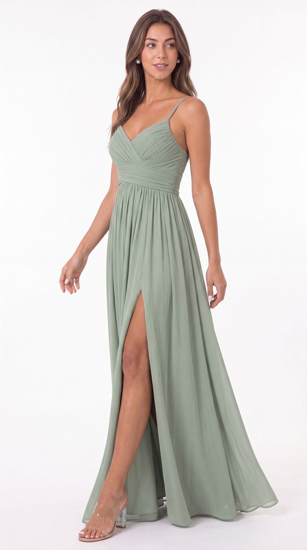 Spaghetti Strap Chiffon Slit Maxi Bridesmaid Dress - Back View