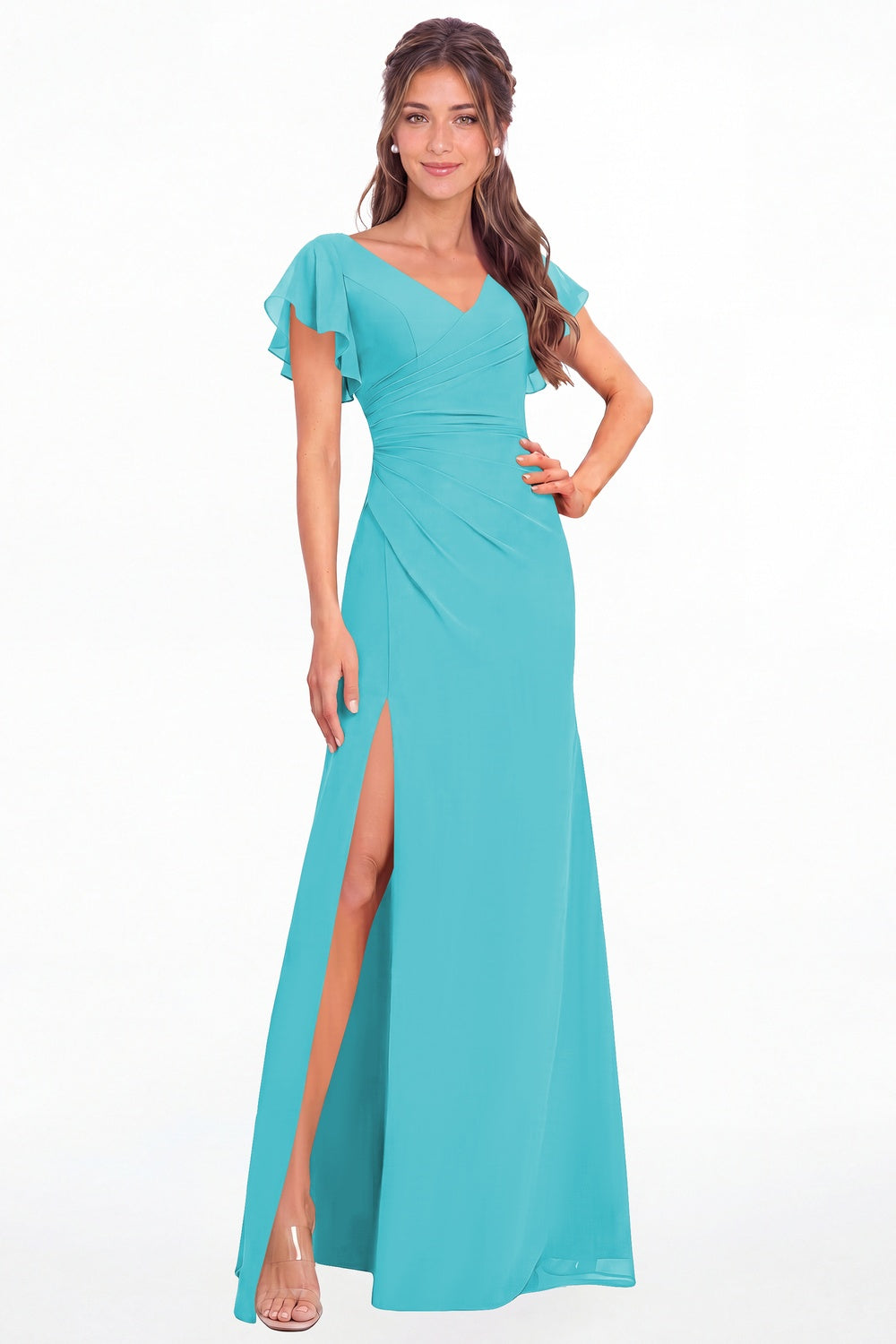 Aqua Blue V Neck Chiffon Flutter Sleeve Slit Bridesmaid Dress - Front View
