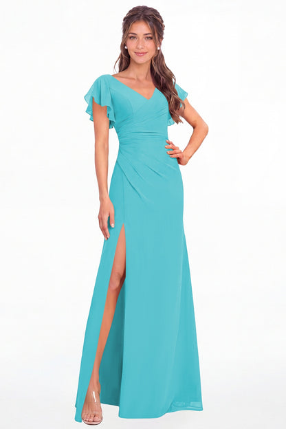 Aqua Blue V Neck Chiffon Flutter Sleeve Slit Bridesmaid Dress - Front View