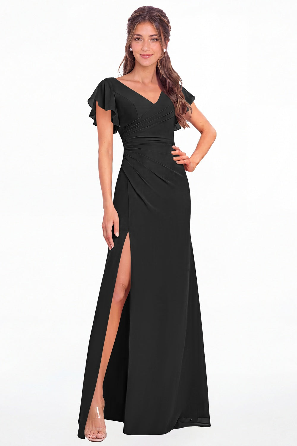 Black V Neck Chiffon Flutter Sleeve Slit Bridesmaid Dress - Front View