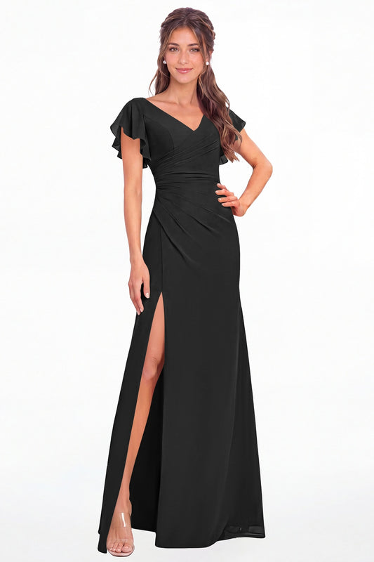 Black V Neck Chiffon Flutter Sleeve Slit Bridesmaid Dress - Front View