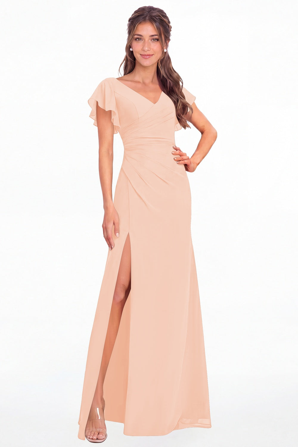 Blush Pink V Neck Chiffon Flutter Sleeve Slit Bridesmaid Dress - Front View