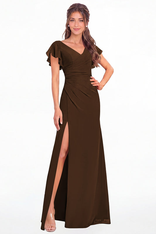 Brown V Neck Chiffon Flutter Sleeve Slit Bridesmaid Dress - Front View