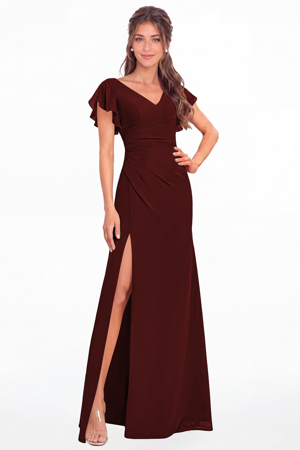 Burgundy V Neck Chiffon Flutter Sleeve Slit Bridesmaid Dress - Front View