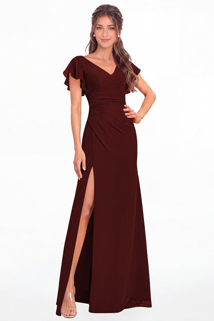 Burgundy V Neck Chiffon Flutter Sleeve Slit Bridesmaid Dress - Front View