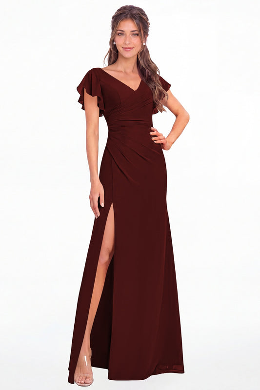 Burgundy V Neck Chiffon Flutter Sleeve Slit Bridesmaid Dress - Front View