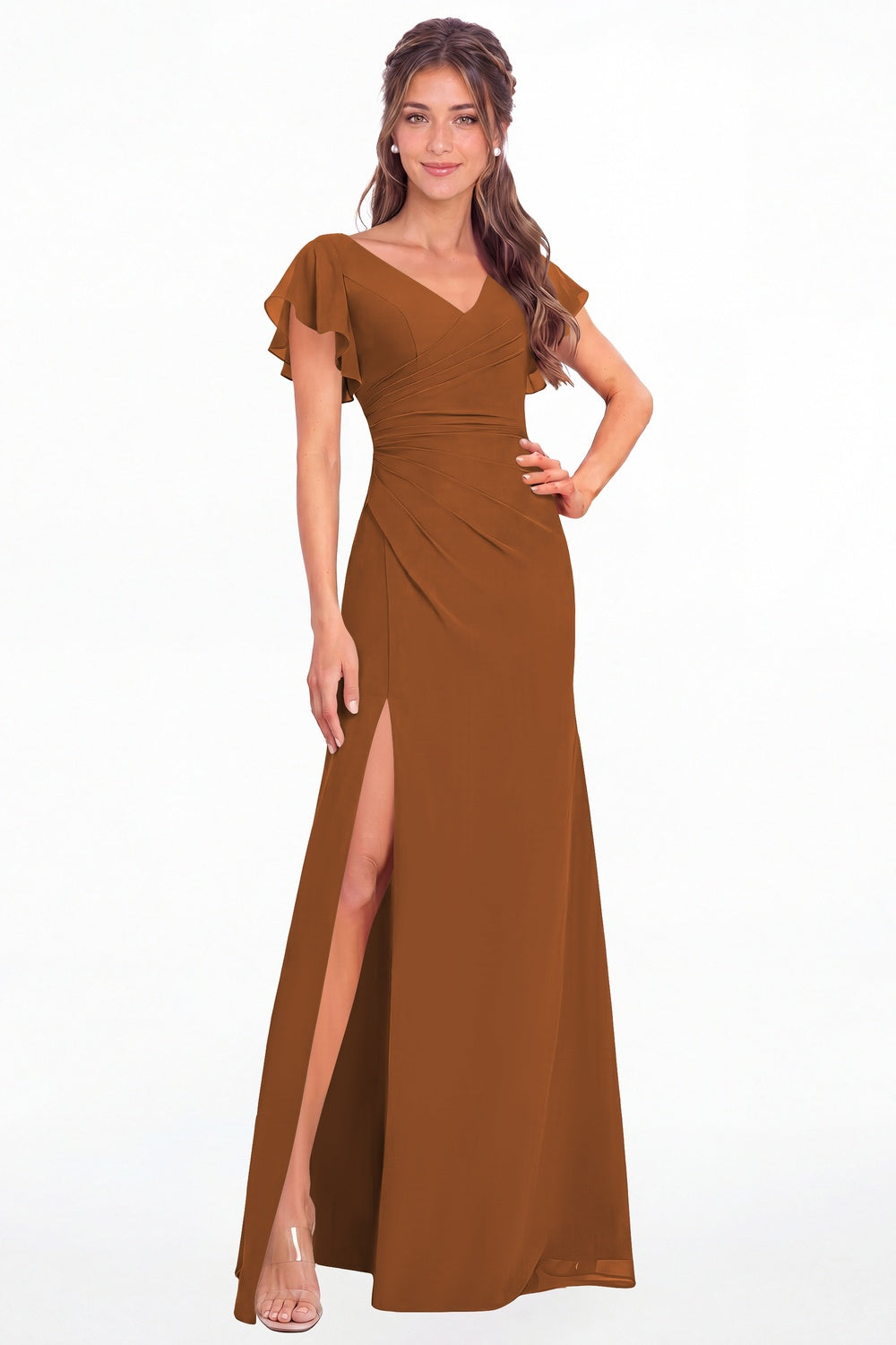 Burnt Orange V Neck Chiffon Flutter Sleeve Slit Bridesmaid Dress - Front View